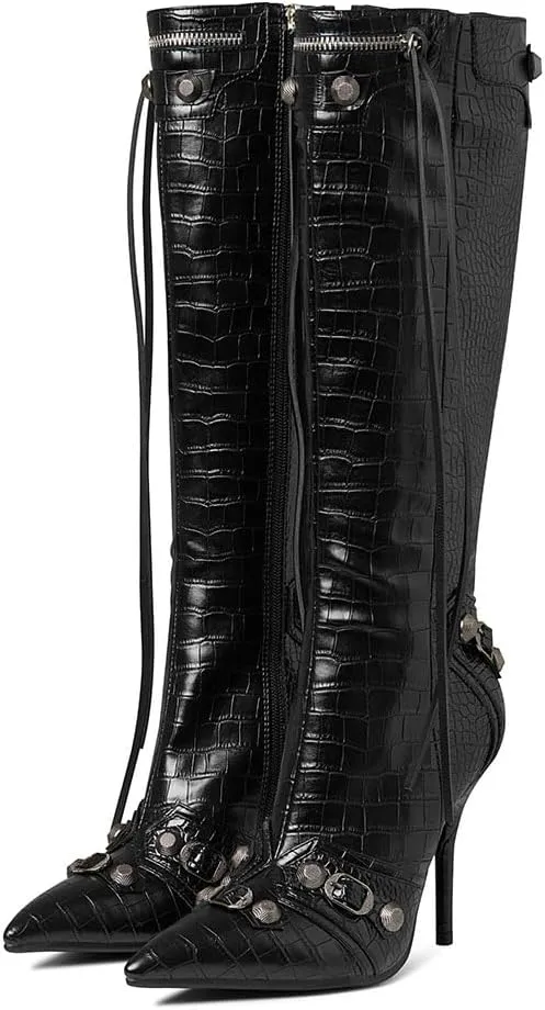 Oiamenne Knee High Boots for Women Fashion Slide Zipper Pointed Toe Stiletto Studded High Heel Rivets Tassel Boots Party Dress Shoes