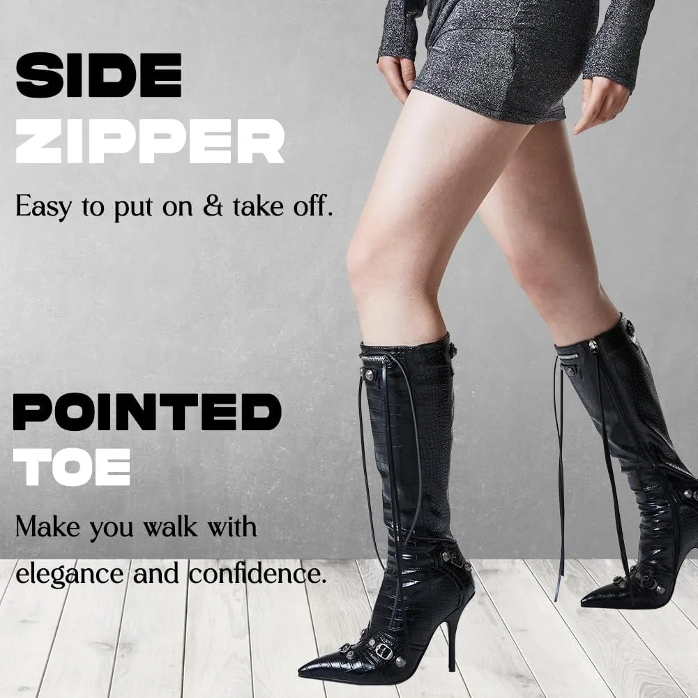 Oiamenne Knee High Boots for Women Fashion Slide Zipper Pointed Toe Stiletto Studded High Heel Rivets Tassel Boots Party Dress Shoes