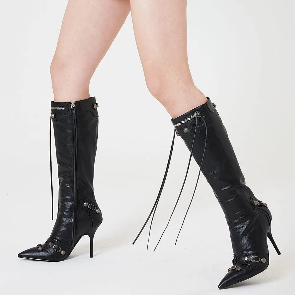 Oiamenne Knee High Boots for Women Fashion Slide Zipper Pointed Toe Stiletto Studded High Heel Rivets Tassel Boots Party Dress Shoes