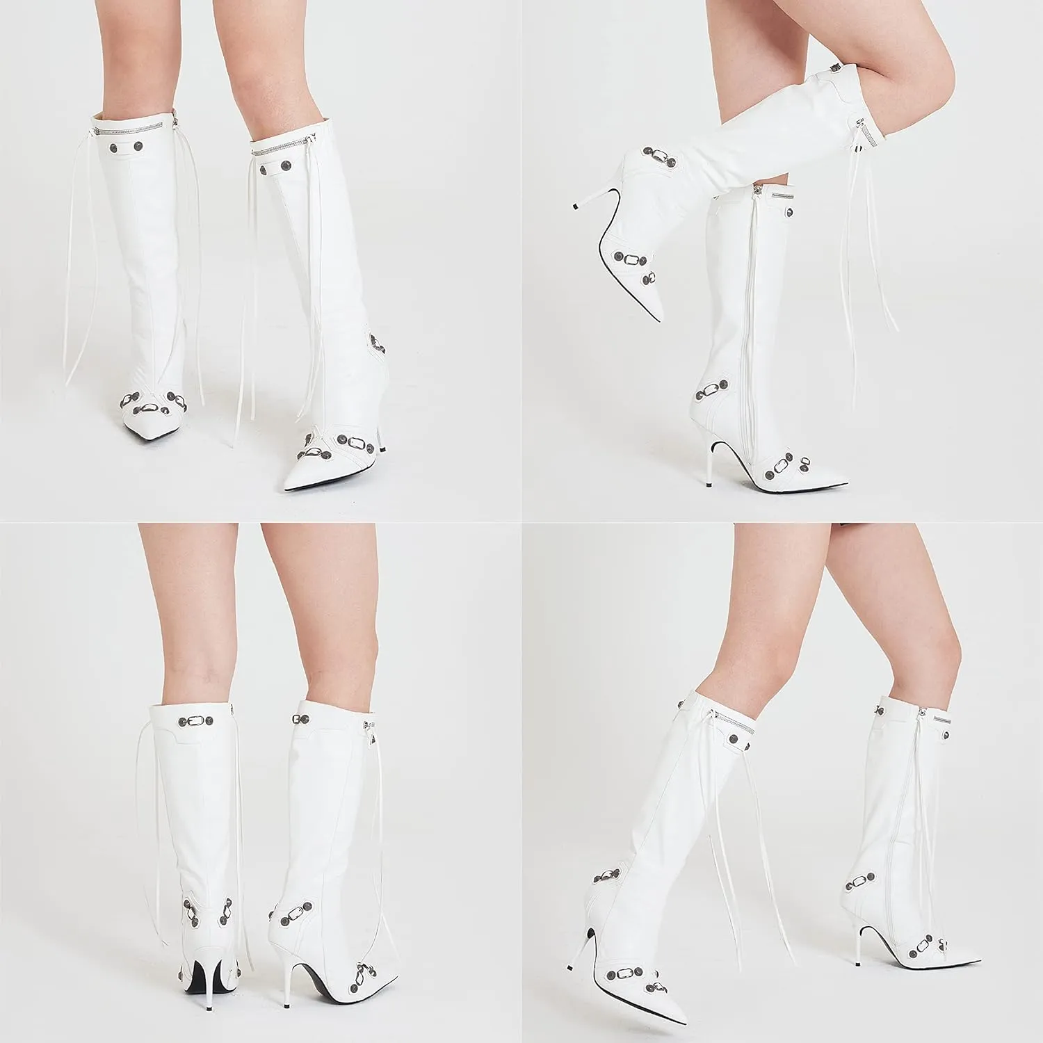 Oiamenne Knee High Boots for Women Fashion Slide Zipper Pointed Toe Stiletto Studded High Heel Rivets Tassel Boots Party Dress Shoes
