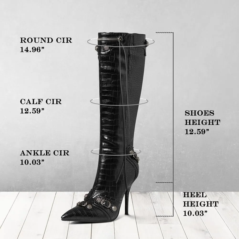 Oiamenne Knee High Boots for Women Fashion Slide Zipper Pointed Toe Stiletto Studded High Heel Rivets Tassel Boots Party Dress Shoes