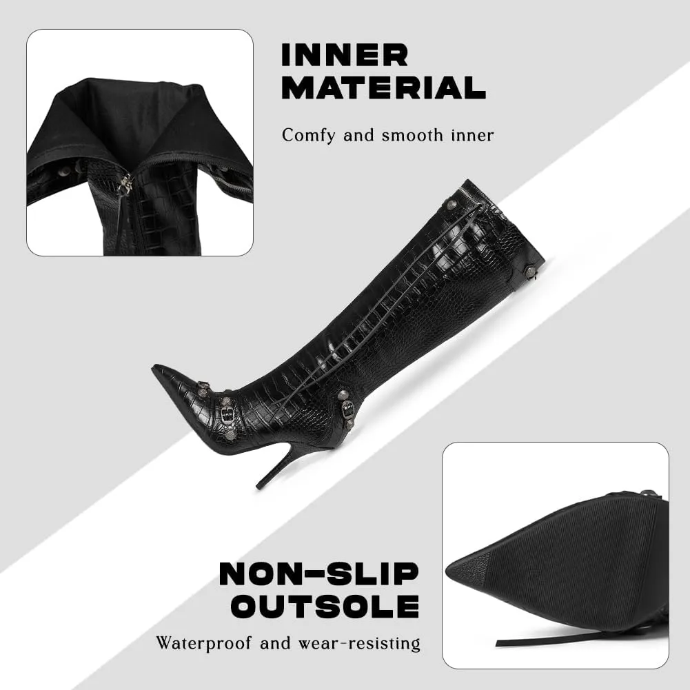 Oiamenne Knee High Boots for Women Fashion Slide Zipper Pointed Toe Stiletto Studded High Heel Rivets Tassel Boots Party Dress Shoes