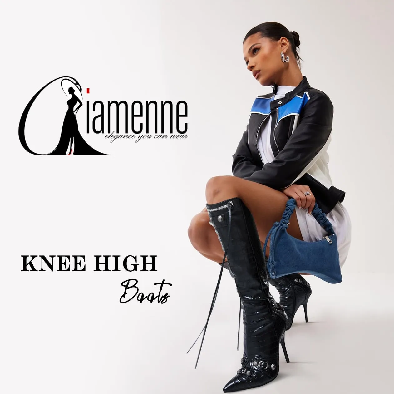 Oiamenne Knee High Boots for Women Fashion Slide Zipper Pointed Toe Stiletto Studded High Heel Rivets Tassel Boots Party Dress Shoes
