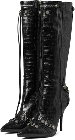 Oiamenne Knee High Boots for Women Fashion Slide Zipper Pointed Toe Stiletto Studded High Heel Rivets Tassel Boots Party Dress Shoes