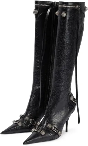 Oiamenne Knee High Boots for Women Fashion Slide Zipper Pointed Toe Stiletto Studded High Heel Rivets Tassel Boots Party Dress Shoes