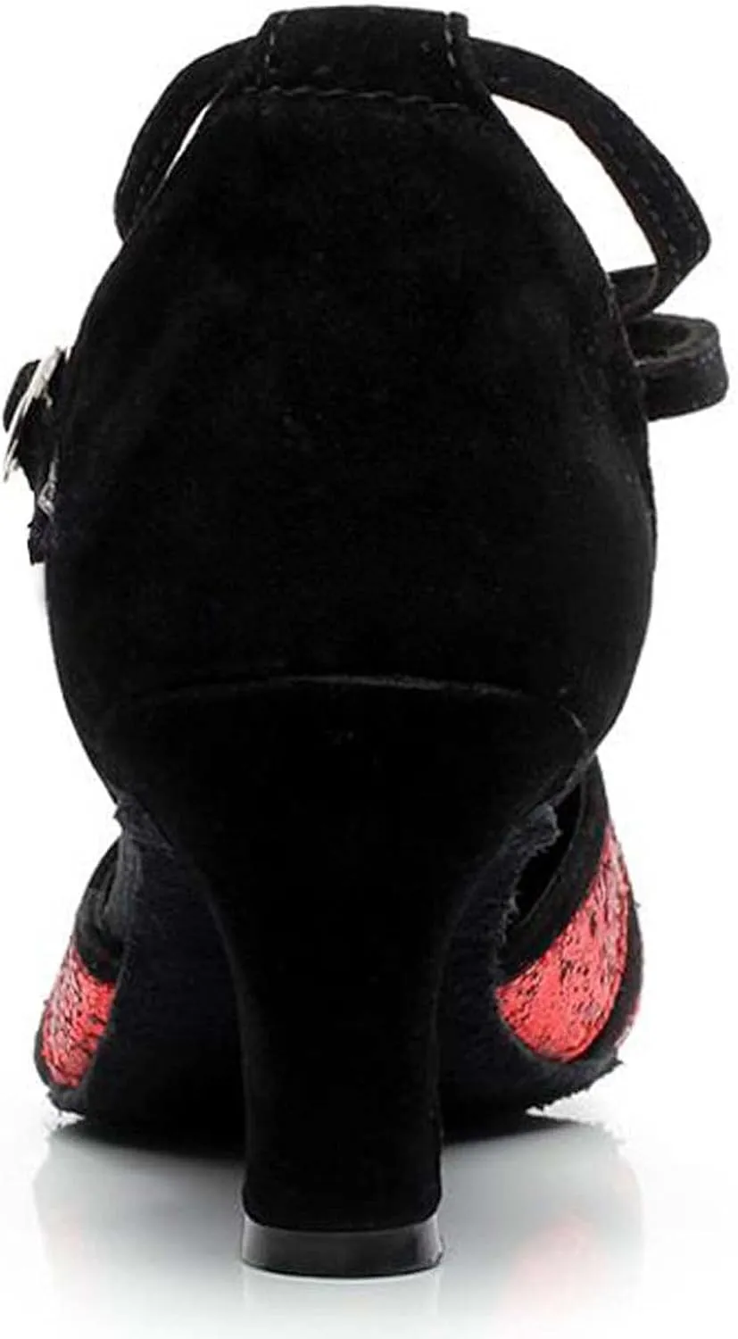 oiangi Women's Satin Latin Dance Shoes 2023 Summer Fashion Closed Toe Ankle Straps Buckle Heeled Sandals Ballroom Salsa Tango Party Sequin Dance Shoes
