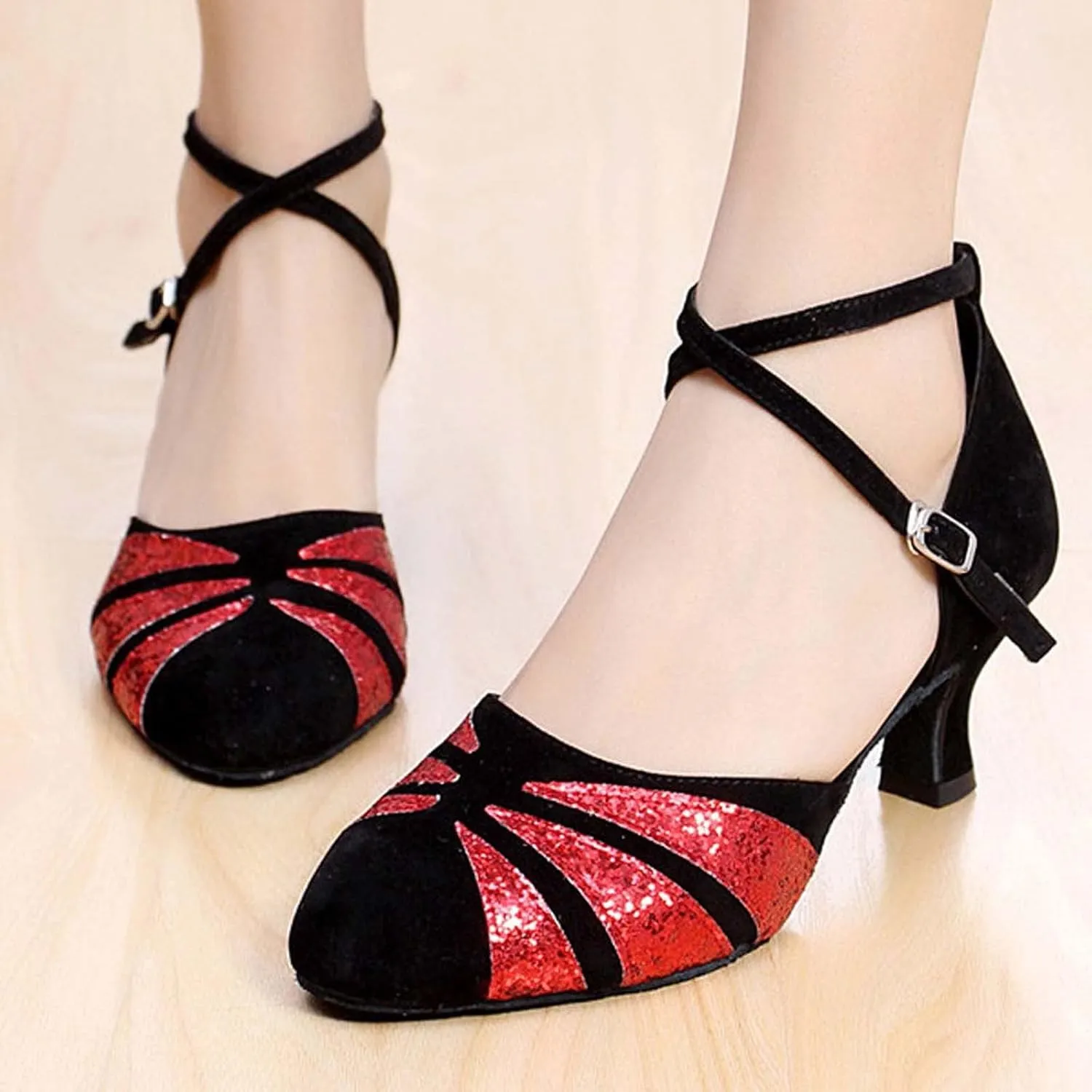 oiangi Women's Satin Latin Dance Shoes 2023 Summer Fashion Closed Toe Ankle Straps Buckle Heeled Sandals Ballroom Salsa Tango Party Sequin Dance Shoes