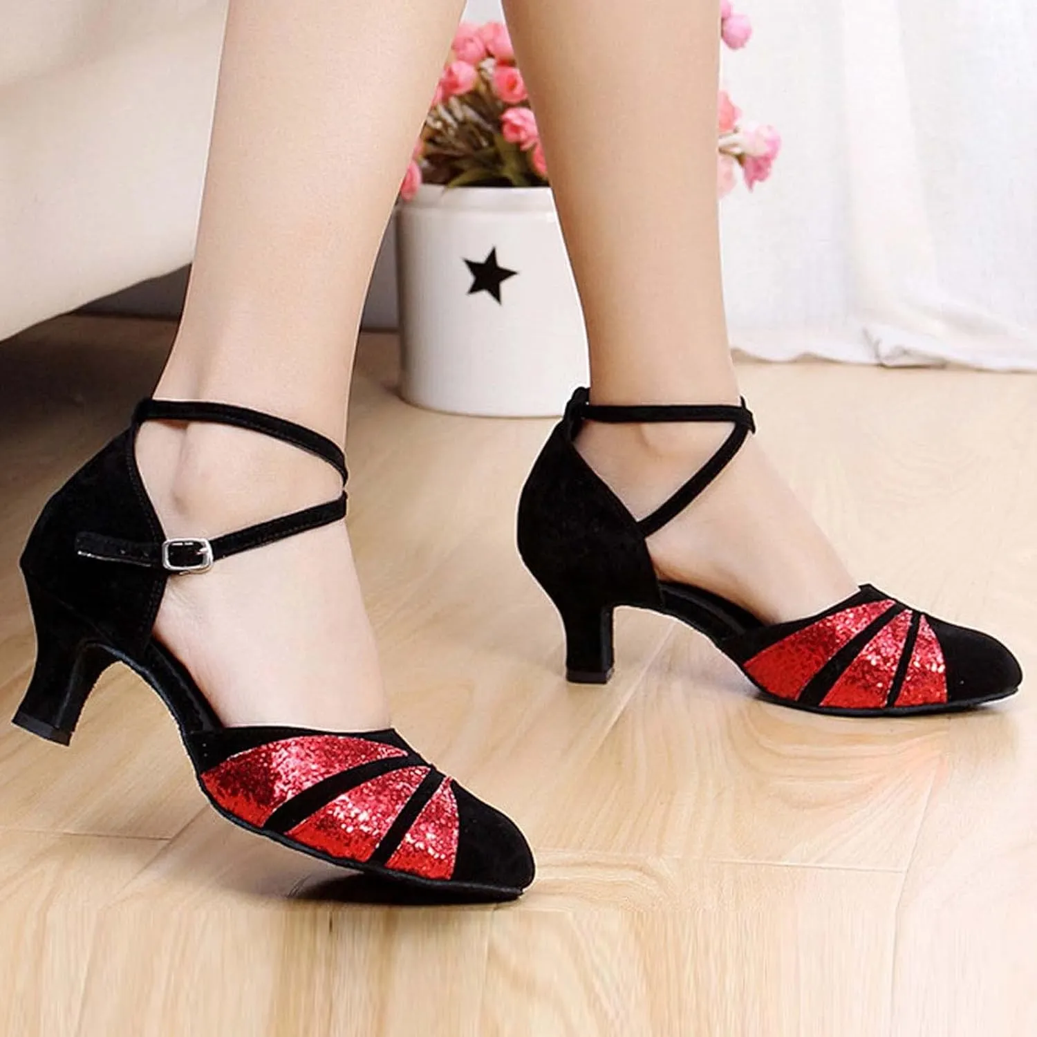 oiangi Women's Satin Latin Dance Shoes 2023 Summer Fashion Closed Toe Ankle Straps Buckle Heeled Sandals Ballroom Salsa Tango Party Sequin Dance Shoes
