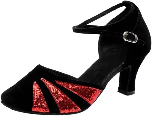 oiangi Women's Satin Latin Dance Shoes 2023 Summer Fashion Closed Toe Ankle Straps Buckle Heeled Sandals Ballroom Salsa Tango Party Sequin Dance Shoes