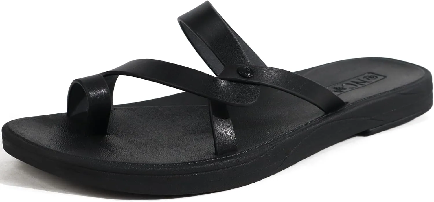 ONCAI Flat Sandals for Women Trendy Square Open Split-Toe Ring Summer Dressy Cross Strappy Slides Sandles with Slip-on Rubber Soles