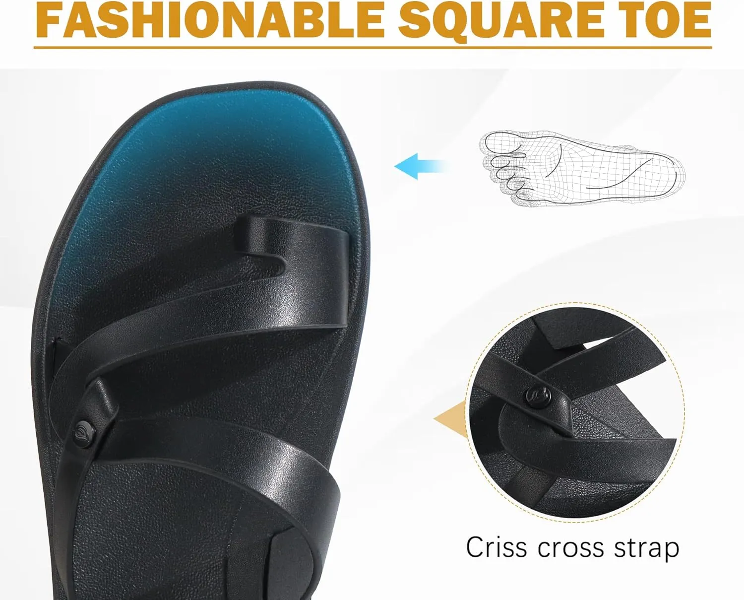 ONCAI Flat Sandals for Women Trendy Square Open Split-Toe Ring Summer Dressy Cross Strappy Slides Sandles with Slip-on Rubber Soles
