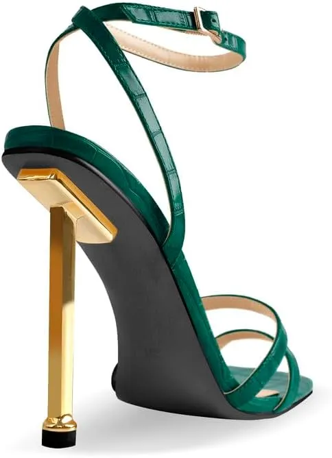 onlymaker Women's Fashion Square Toe Ankle Sandals Cross Buckle Strap Sexy Open-back Golden Stiletto High Heel Sandals