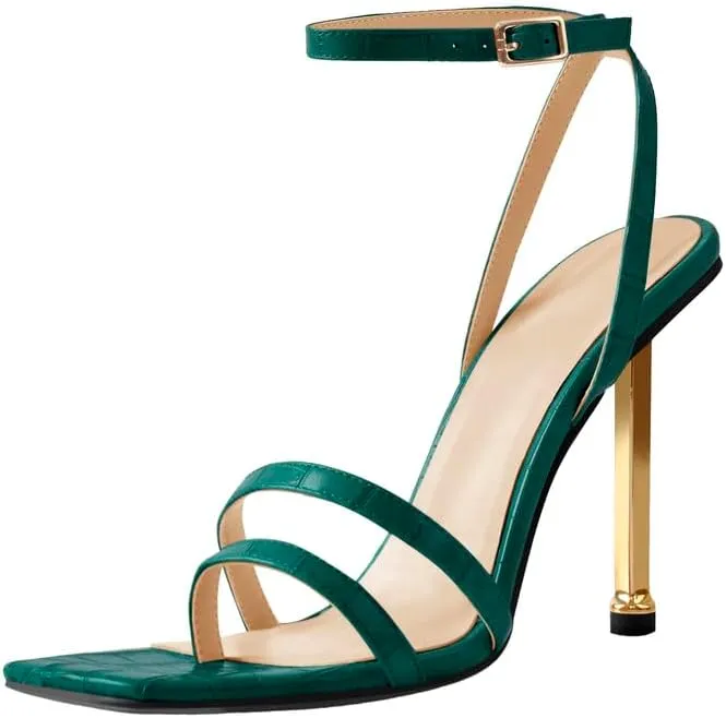 onlymaker Women's Fashion Square Toe Ankle Sandals Cross Buckle Strap Sexy Open-back Golden Stiletto High Heel Sandals