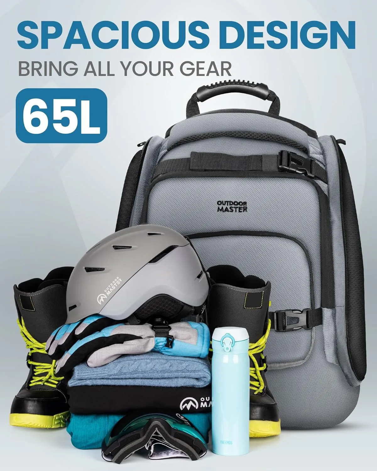 OutdoorMaster Ski Boot Bag, 65L Waterproof Ski Snowboard Boots Shoulder Pad Skiing Backpack for Helmets, Goggles Men & Women