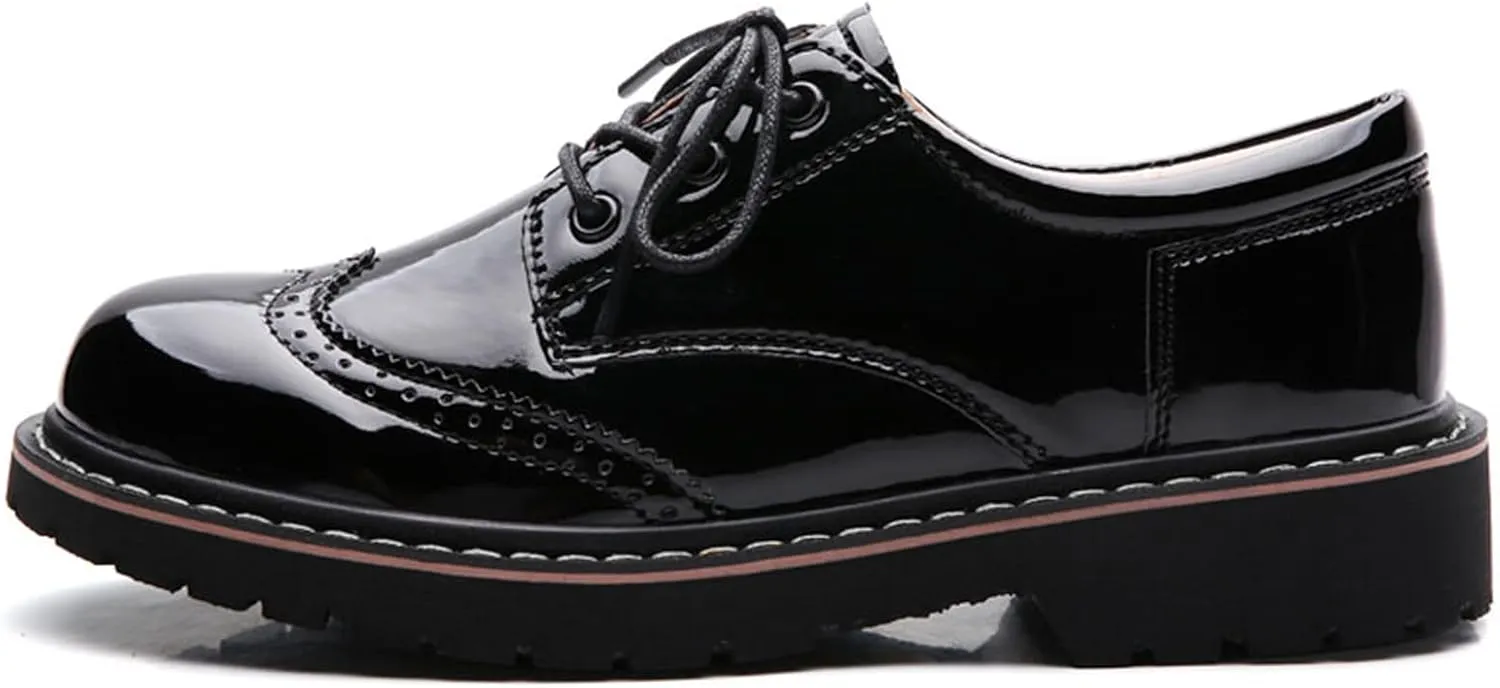 Oxford Shoes for Women,Perforated Lace-up Round Toe Leather Low Heel Brogues Shoe for Girls Ladies Women