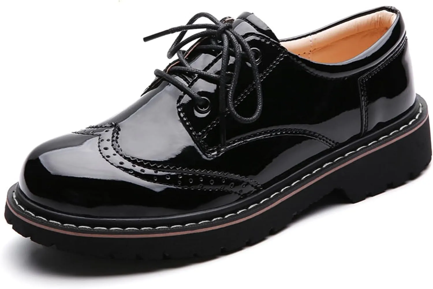 Oxford Shoes for Women,Perforated Lace-up Round Toe Leather Low Heel Brogues Shoe for Girls Ladies Women