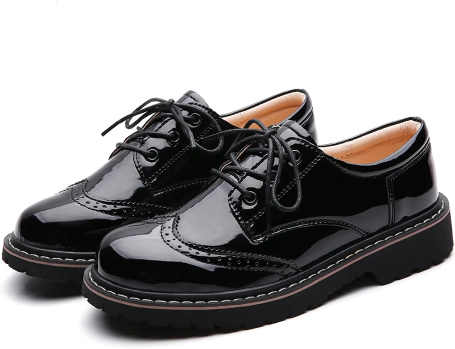 Oxford Shoes for Women,Perforated Lace-up Round Toe Leather Low Heel Brogues Shoe for Girls Ladies Women