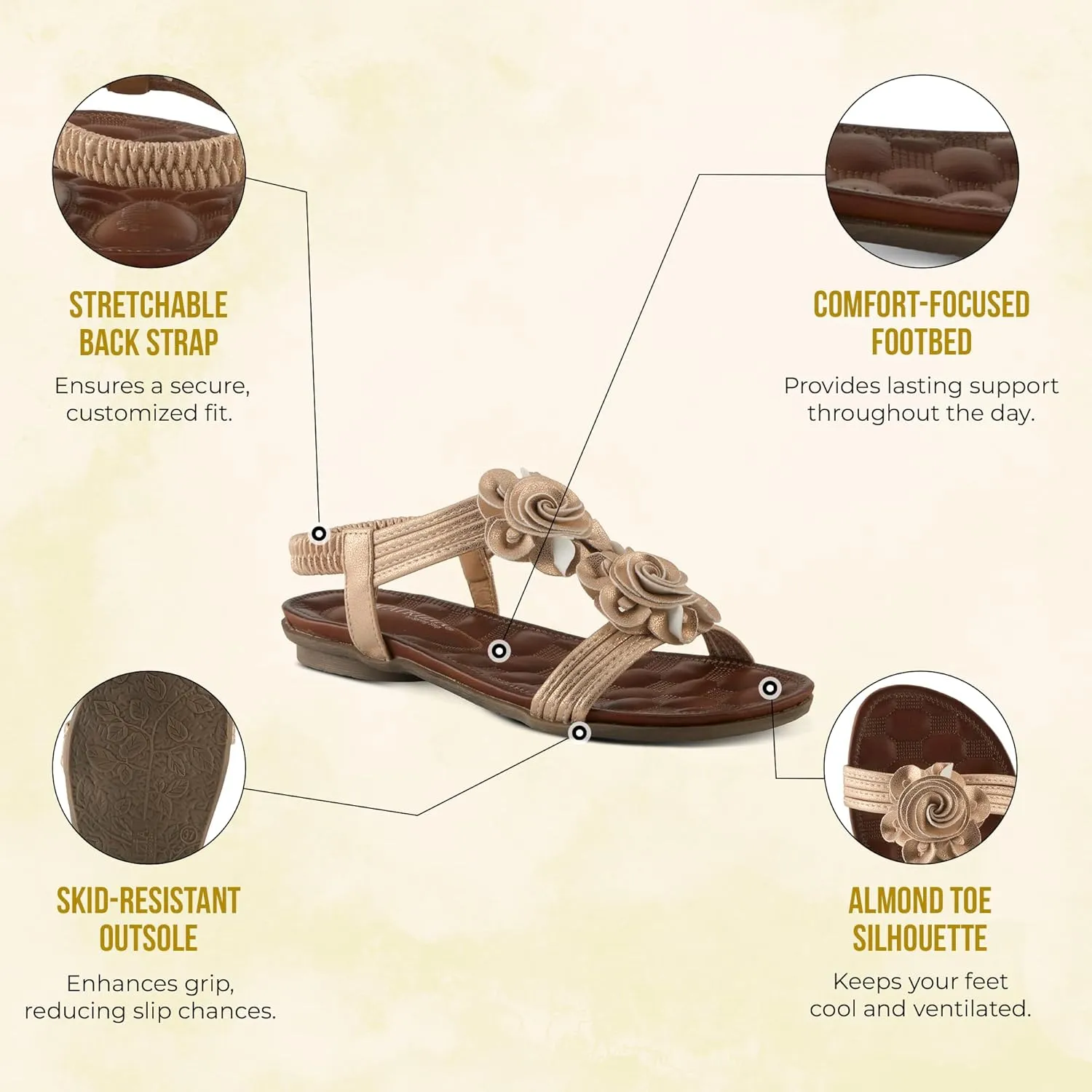 PATRIZIA Spring Step Nectarine Sandals for Womens - Ladies Sandals with Chic Flower Grabbing t-Straps - Casuals Womens Sandals with Stretch Back Strap