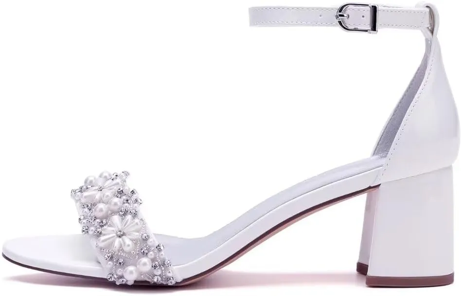Pearl Wedding Shoes for Bride Block Heel Wedding Sandals Open Toe Bridal Heels