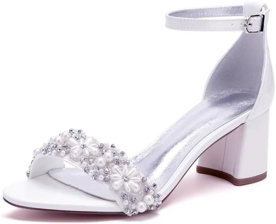 Pearl Wedding Shoes for Bride Block Heel Wedding Sandals Open Toe Bridal Heels