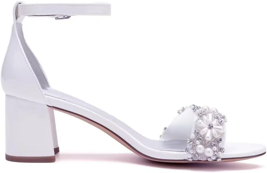 Pearl Wedding Shoes for Bride Block Heel Wedding Sandals Open Toe Bridal Heels