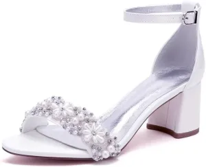 Pearl Wedding Shoes for Bride Block Heel Wedding Sandals Open Toe Bridal Heels