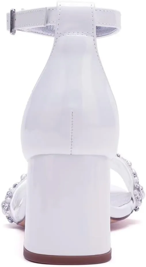 Pearl Wedding Shoes for Bride Block Heel Wedding Sandals Open Toe Bridal Heels