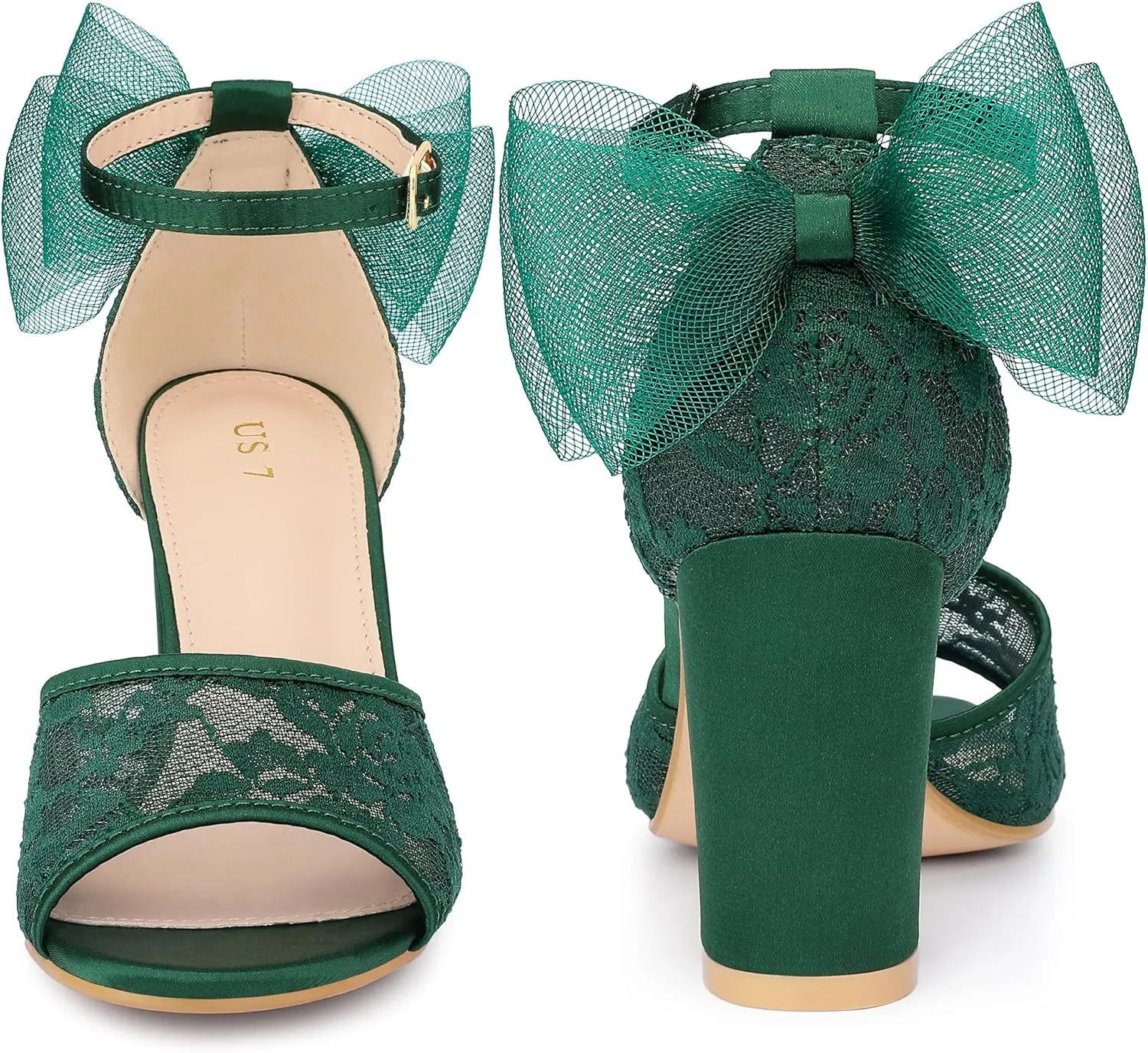 Perphy Lace Open Toe Bow Ankle Strap Block Heel Sandals for Women