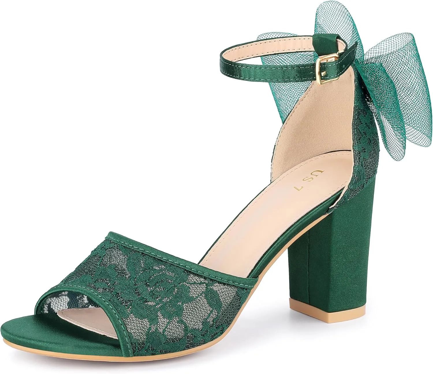 Perphy Lace Open Toe Bow Ankle Strap Block Heel Sandals for Women