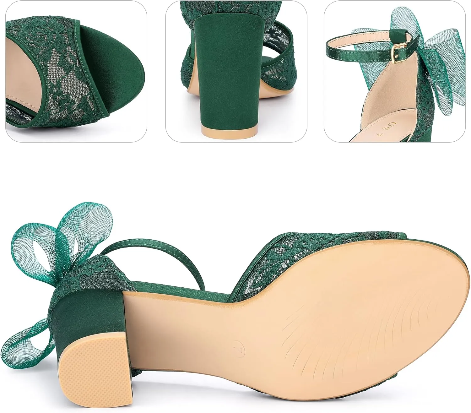 Perphy Lace Open Toe Bow Ankle Strap Block Heel Sandals for Women