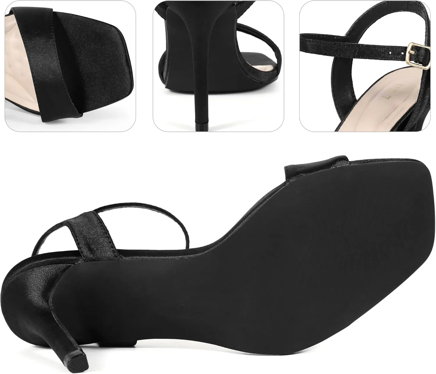 Perphy Satin Heels Squared Toe Ankle Strap Stiletto Heel Sandals for Women