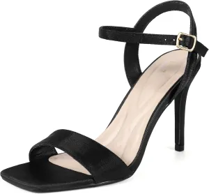 Perphy Satin Heels Squared Toe Ankle Strap Stiletto Heel Sandals for Women