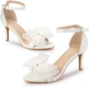 Perphy Stiletto Heels with Bows Ankle Strap Rhinestone Bow Sandals for Women Dress Wedding Shoes