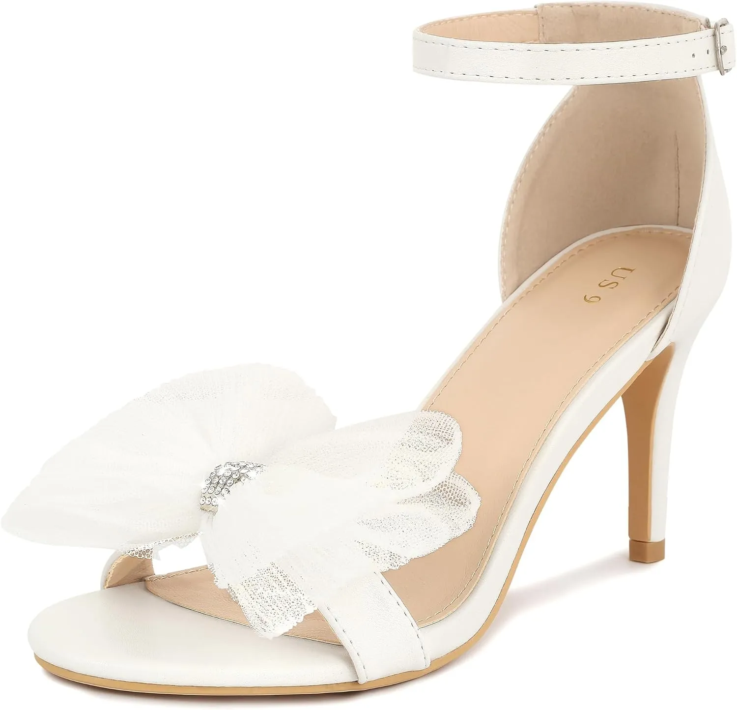 Perphy Stiletto Heels with Bows Ankle Strap Rhinestone Bow Sandals for Women Dress Wedding Shoes