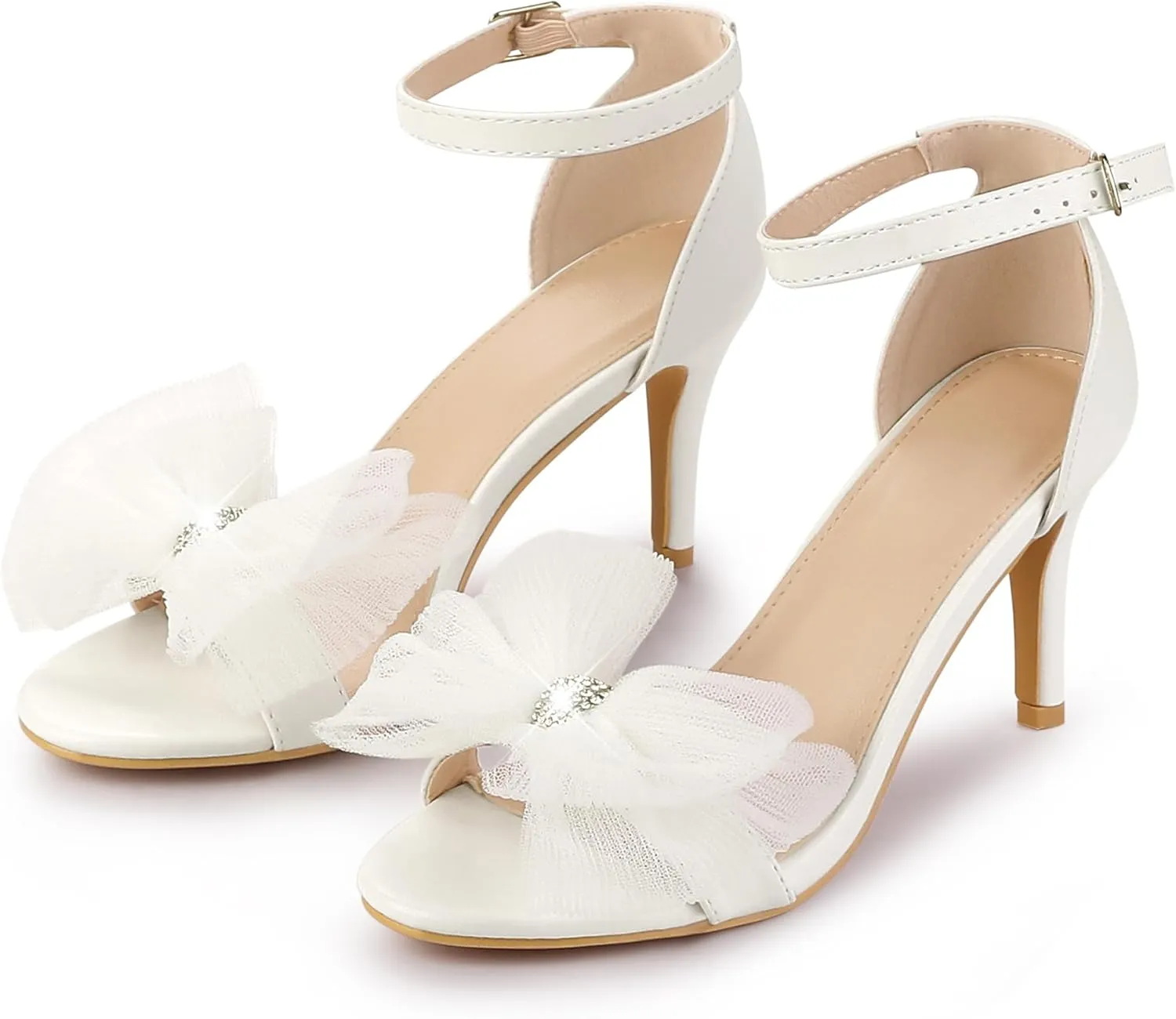Perphy Stiletto Heels with Bows Ankle Strap Rhinestone Bow Sandals for Women Dress Wedding Shoes