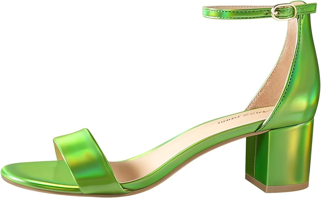 PIZZ ANNU Women's Low Block Chunky Heels Sandals Comfortable Open Toe Ankle Strap Party Dress Pump Shoes Strappy Buckle Heeled Sandal with 2 Inches Tall Thick Heel Design