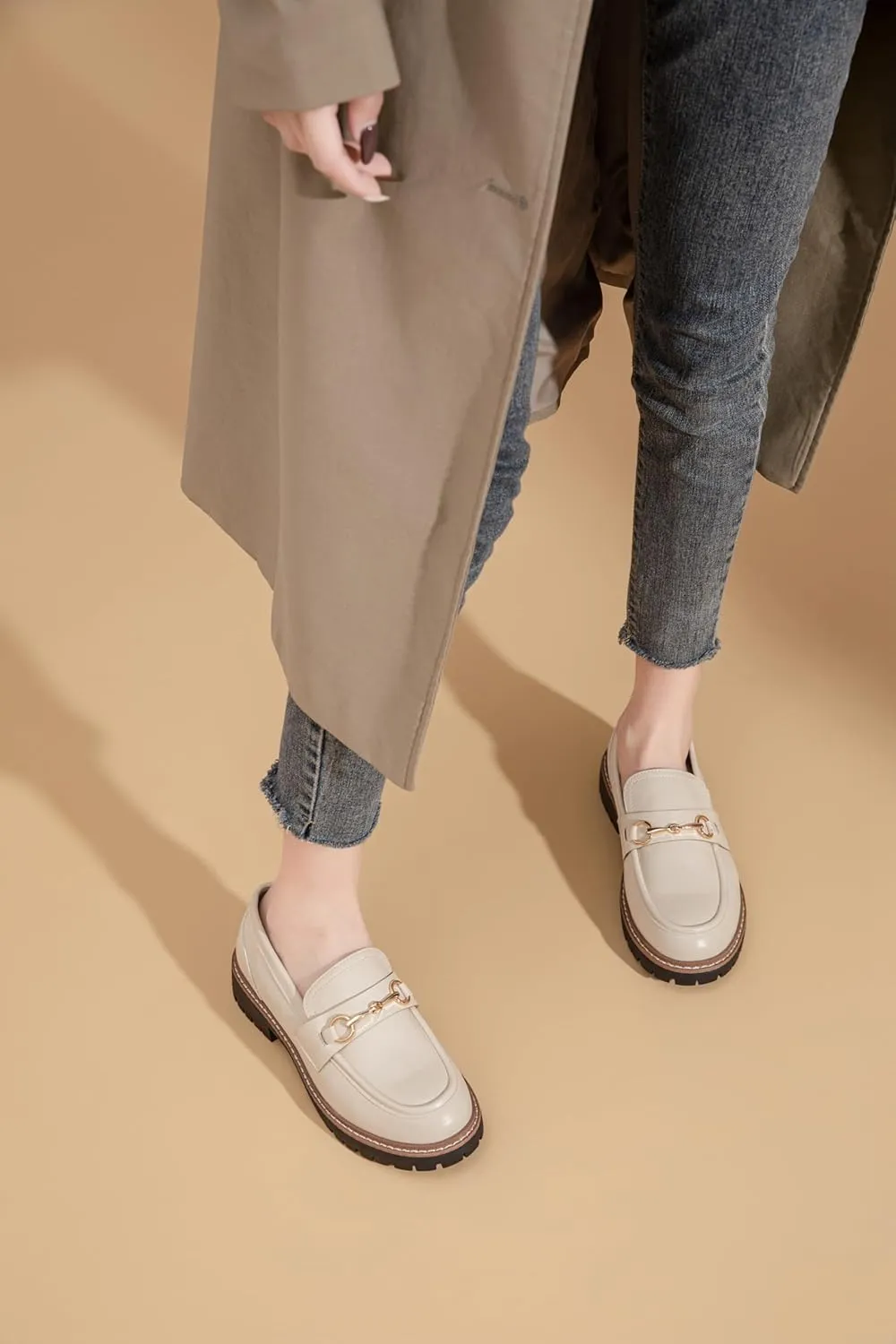 Platform Chunky Lug Sole Loafers for Women Slip On Faux Leather