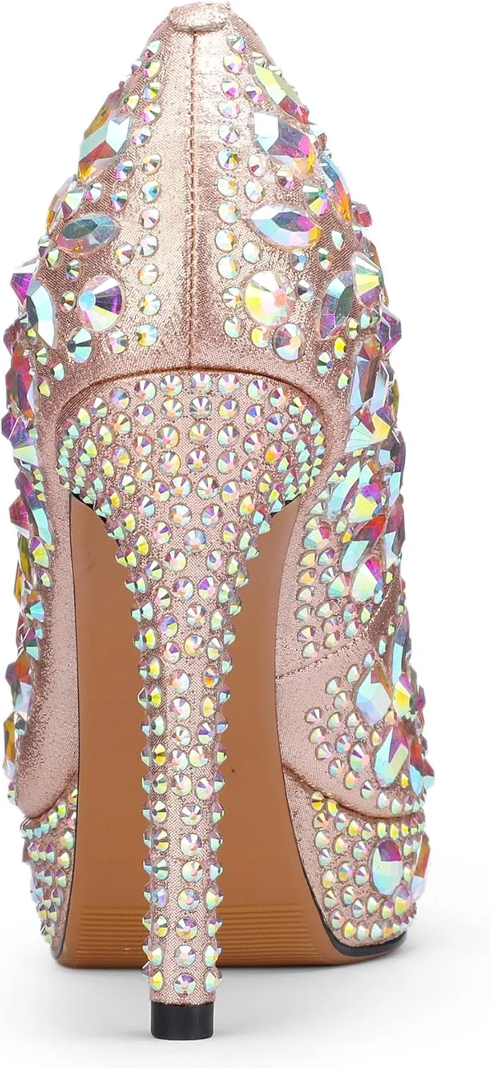 Platform Heels for Women Rhinestone Crystal Stiletto Closed Toe Pumps Comfortable Sexy Dressy Wedding Elegantes Wide Comfortable Tacones 4 Inch High Heels