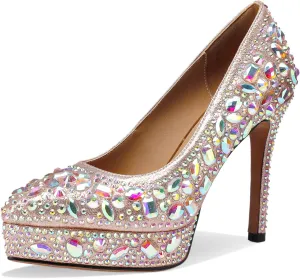 Platform Heels for Women Rhinestone Crystal Stiletto Closed Toe Pumps Comfortable Sexy Dressy Wedding Elegantes Wide Comfortable Tacones 4 Inch High Heels
