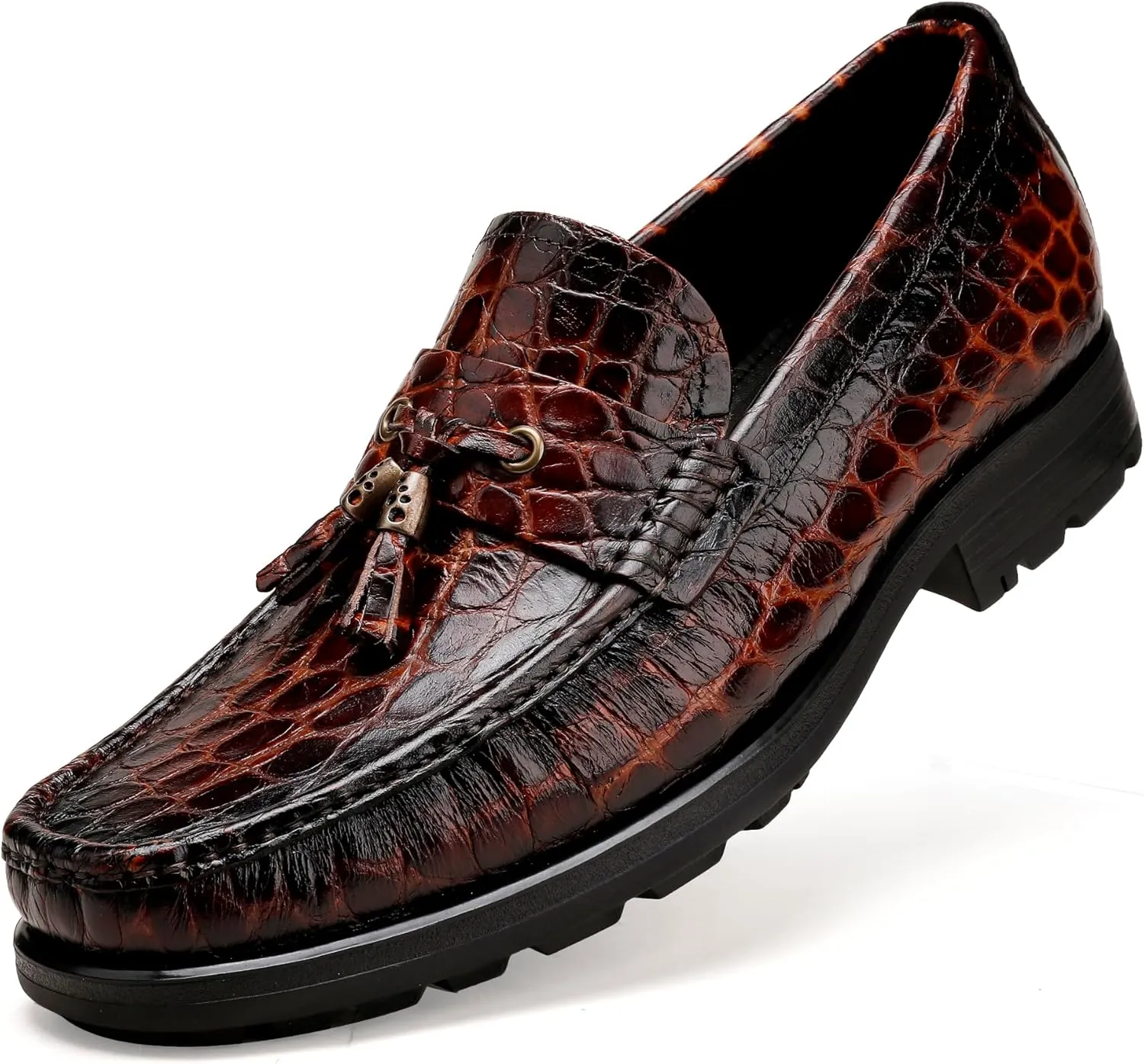Premium Leather Tassel Loafer for Men, Classic Alligator Printed Thick Sole Dress Loafers Shoes for Mens