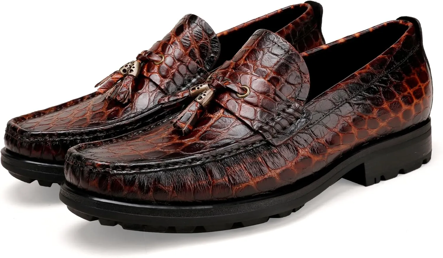 Premium Leather Tassel Loafer for Men, Classic Alligator Printed Thick Sole Dress Loafers Shoes for Mens
