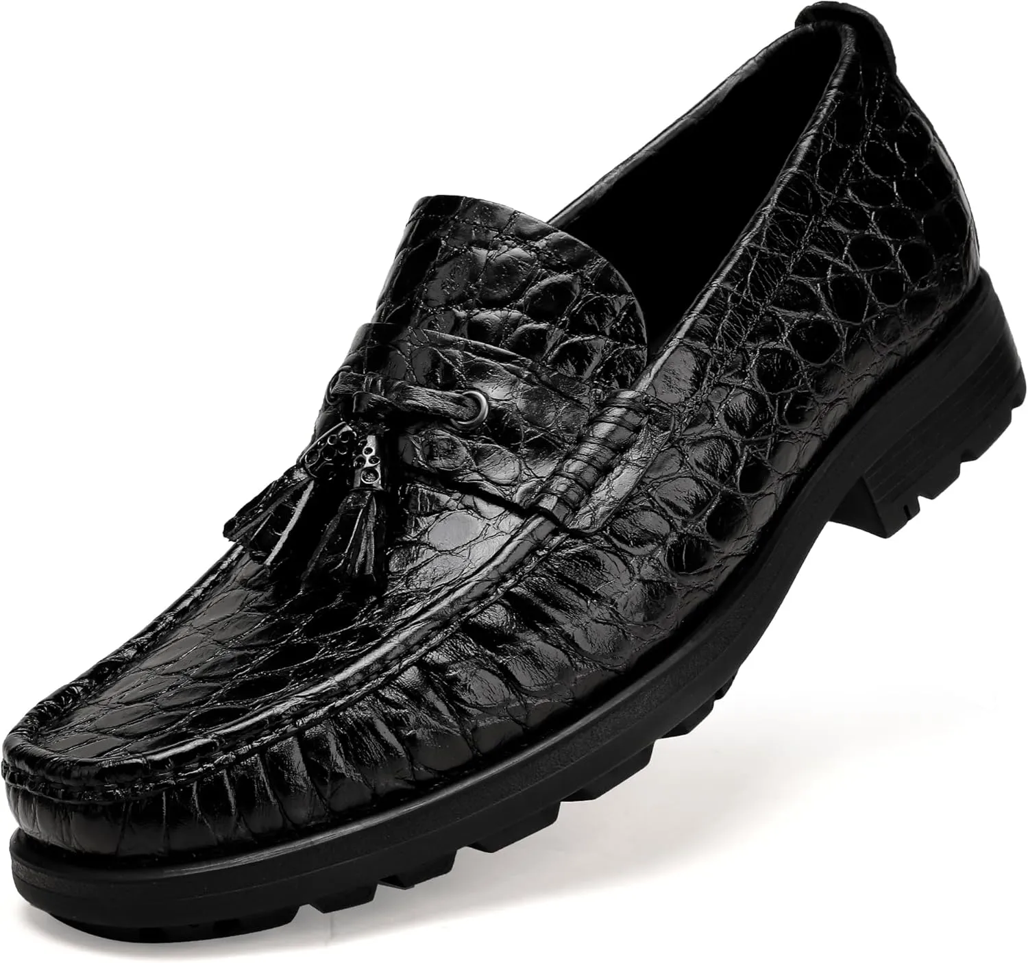 Premium Leather Tassel Loafer for Men, Classic Alligator Printed Thick Sole Dress Loafers Shoes for Mens