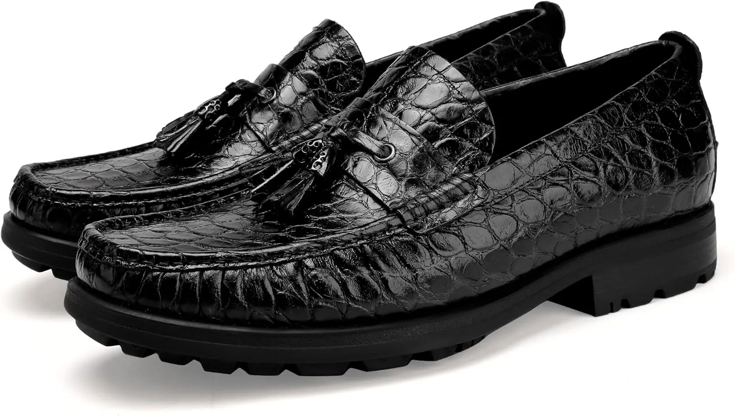 Premium Leather Tassel Loafer for Men, Classic Alligator Printed Thick Sole Dress Loafers Shoes for Mens