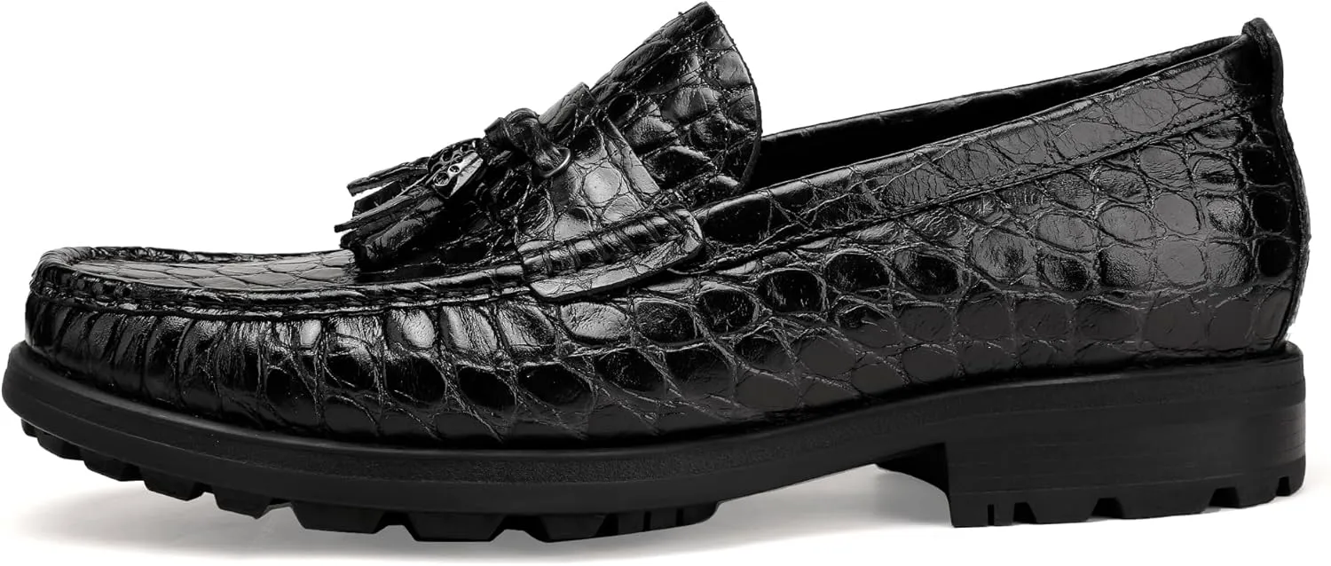 Premium Leather Tassel Loafer for Men, Classic Alligator Printed Thick Sole Dress Loafers Shoes for Mens