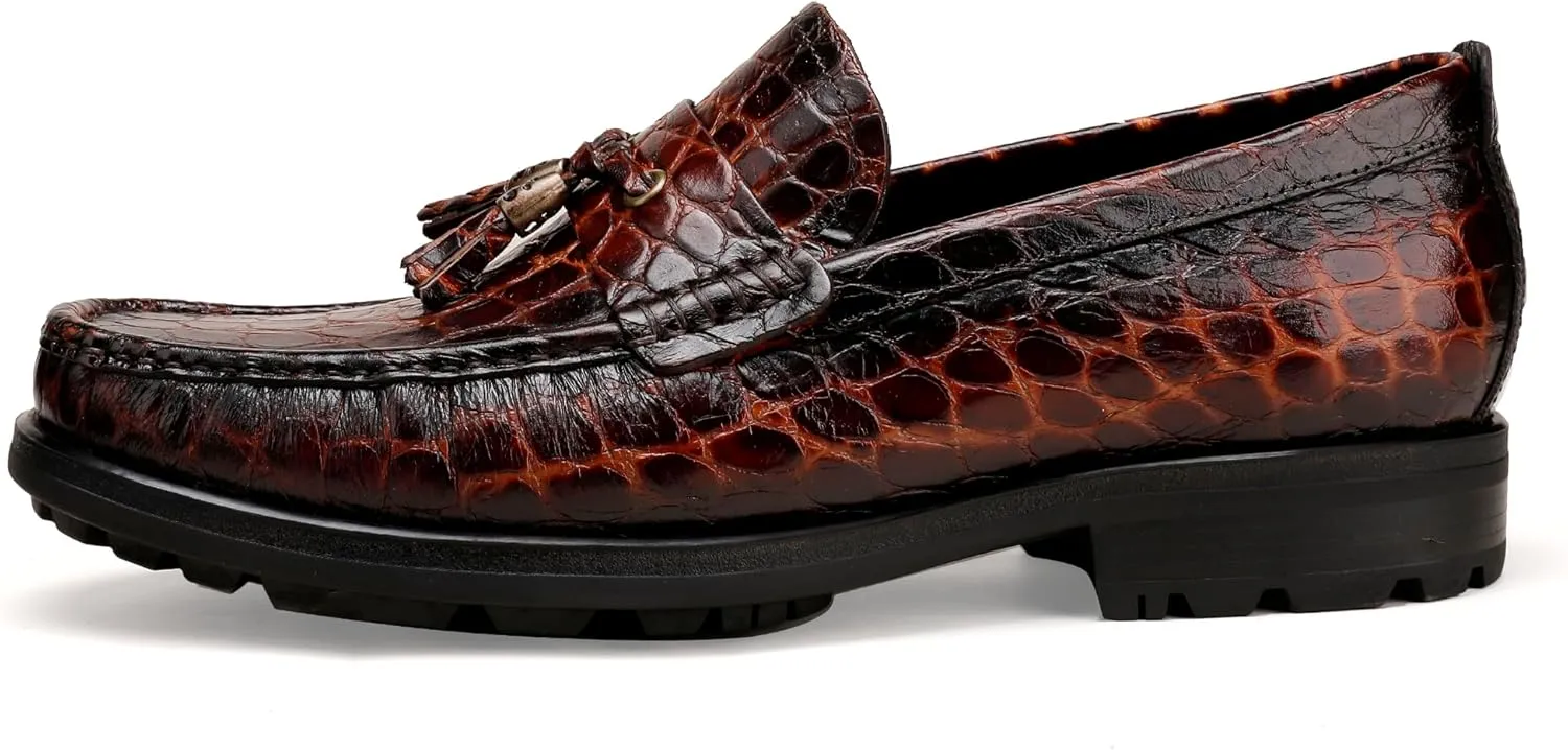 Premium Leather Tassel Loafer for Men, Classic Alligator Printed Thick Sole Dress Loafers Shoes for Mens