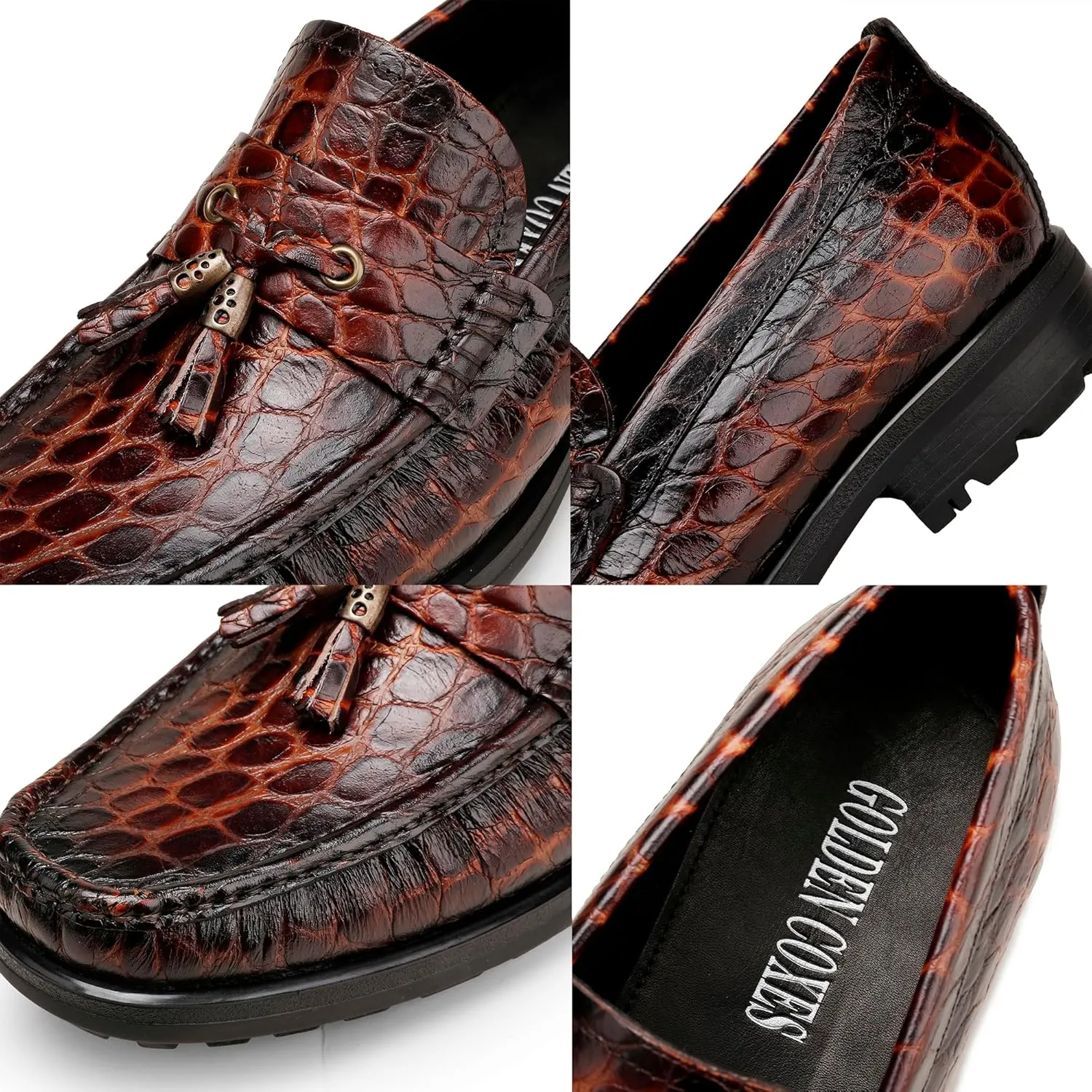 Premium Leather Tassel Loafer for Men, Classic Alligator Printed Thick Sole Dress Loafers Shoes for Mens