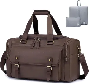 PU Leather Travel Duffel Bag with Toiletry Dopp Kit and Shoe Pouch, Weekender Overnight bag Luggage Carry-On Bag with Adjustable Shoulder Strap for Men or Women Brown