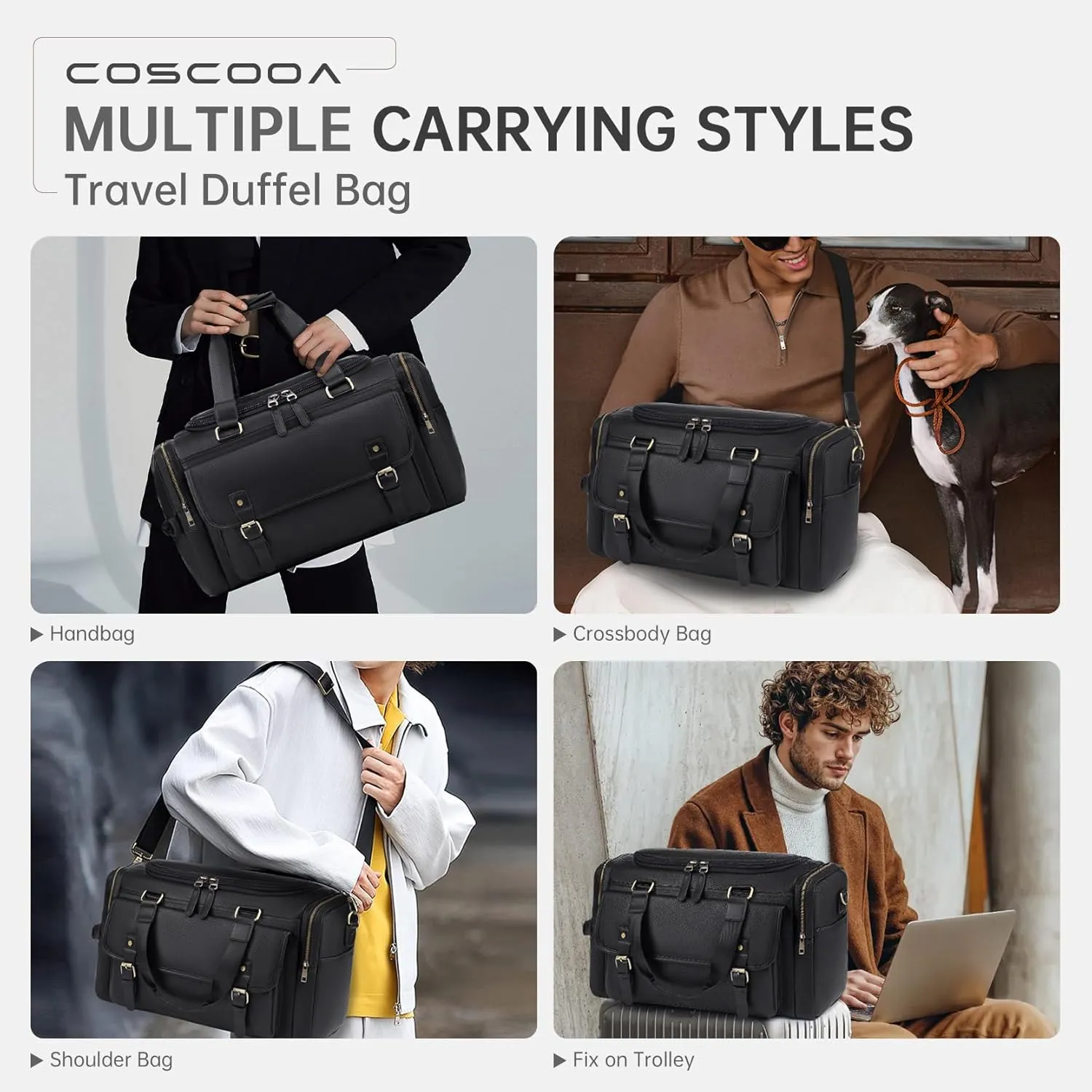 PU Leather Travel Duffel Bag with Toiletry Dopp Kit and Shoe Pouch, Weekender Overnight bag Luggage Carry-On Bag with Adjustable Shoulder Strap for Men or Women Brown