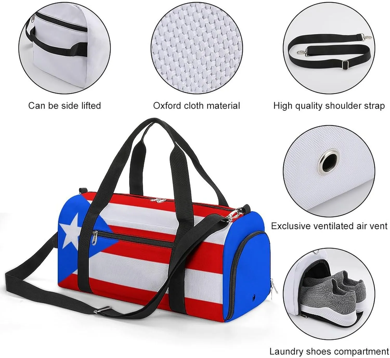 Puerto Rico Flag Gym Duffel for Boys Girls with Waterproof Shoe Compartment Tote