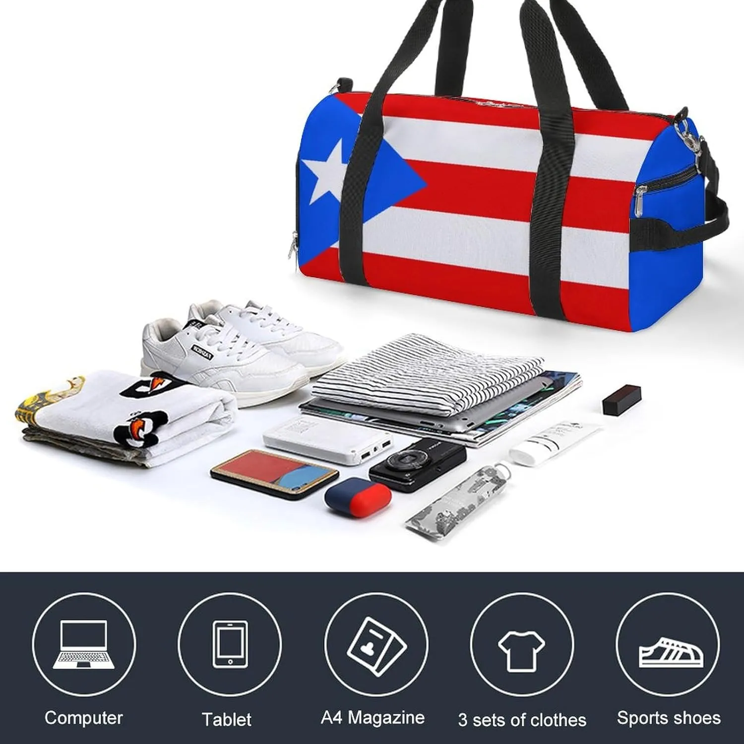 Puerto Rico Flag Gym Duffel for Boys Girls with Waterproof Shoe Compartment Tote